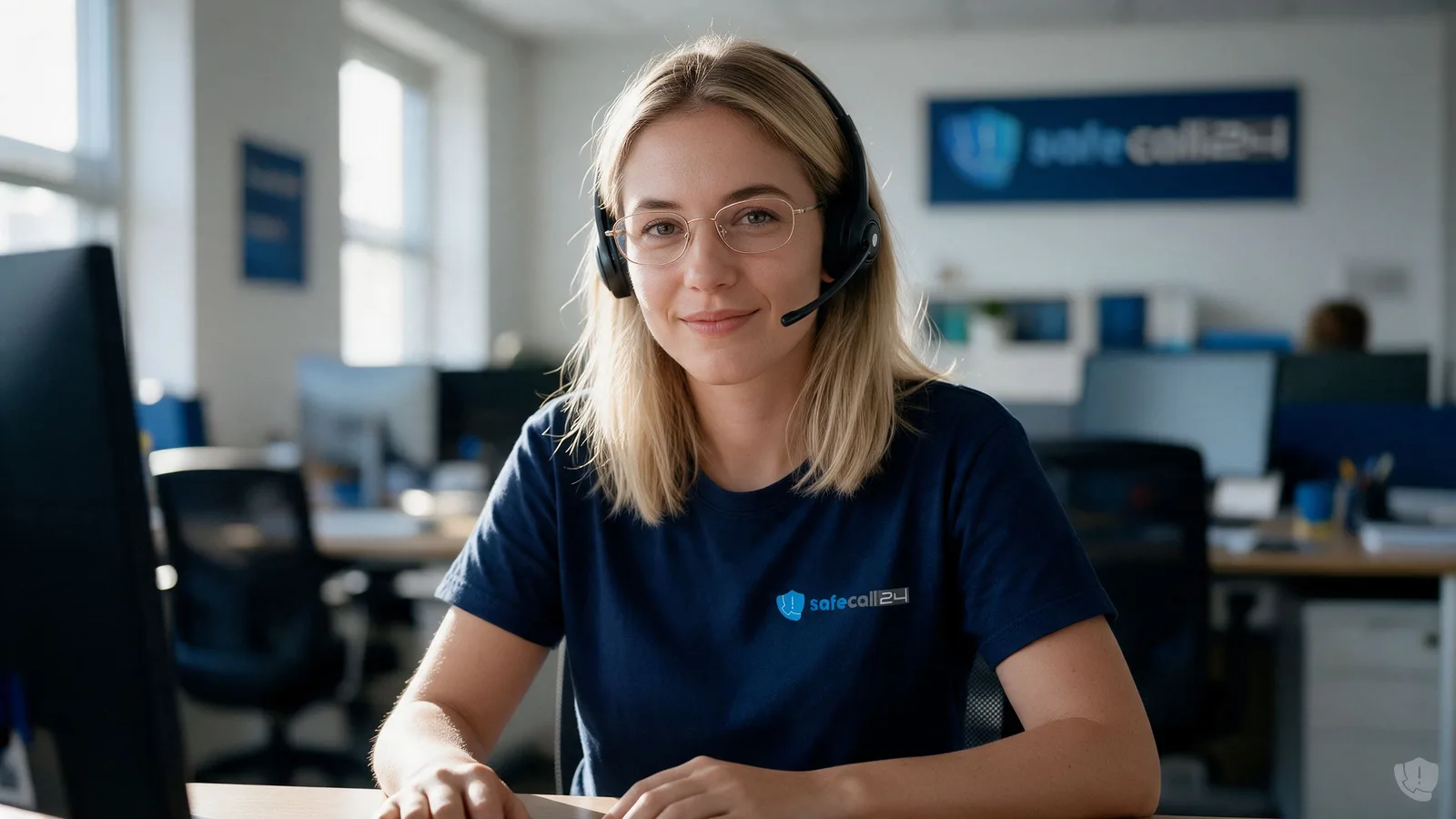 Mitarbeiterin mit Headset im SafeCall24 Büro blickt freundlich in die Kamera
